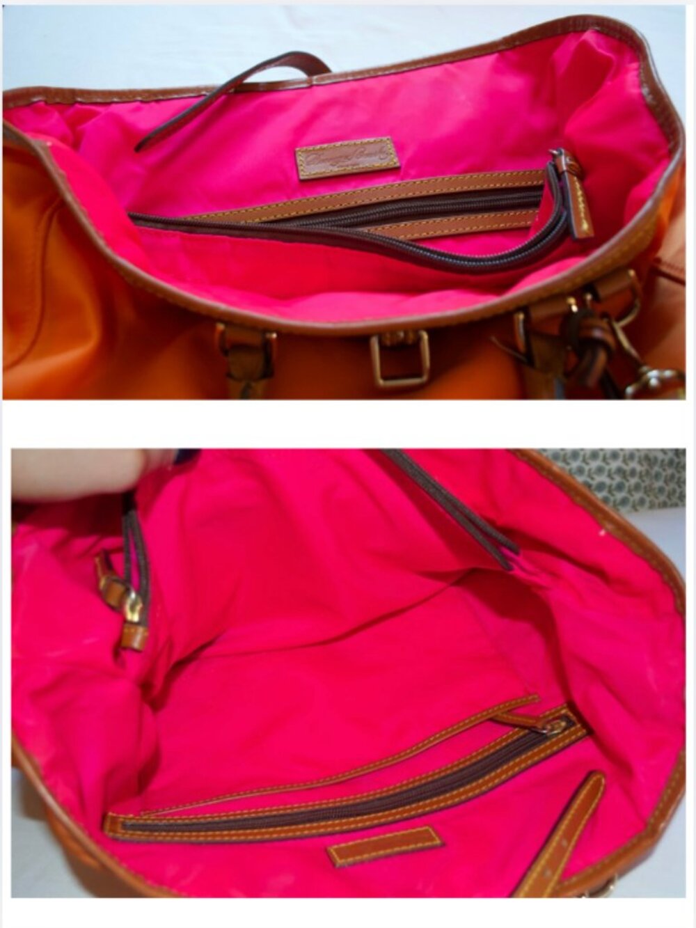 Dooney& Bourke “Nylon Editor’s Tote” in Orange with Leather Trim and Pink Lining - Picture 7 of 10